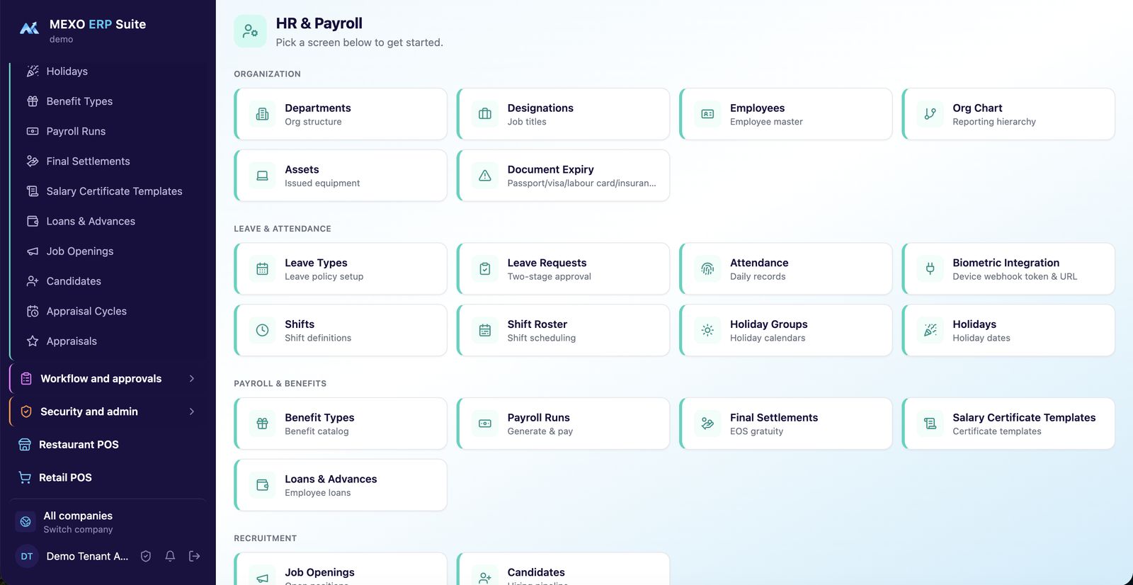 Mexo HR and payroll screens